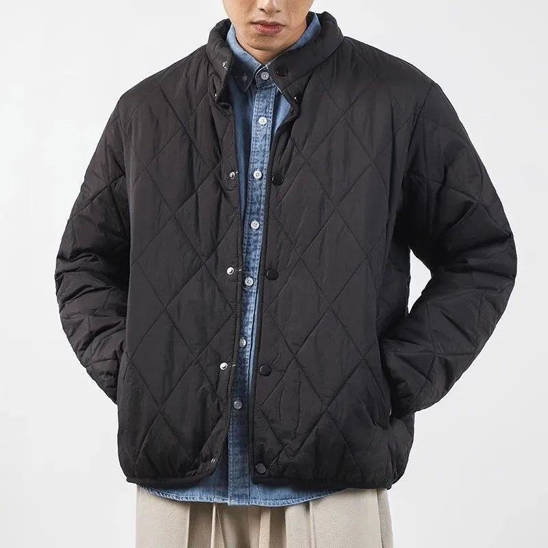 Men's black thickened winter jacket with diamond lattice pattern and lengthened 100cm design for urban commuting