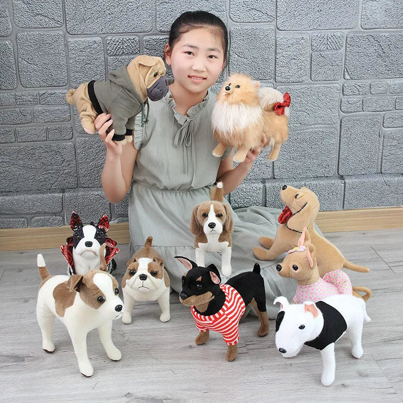 Dressing artificial dog plush toy in mink fur, bulldog style, large size 55-60cm, displayed on a surface