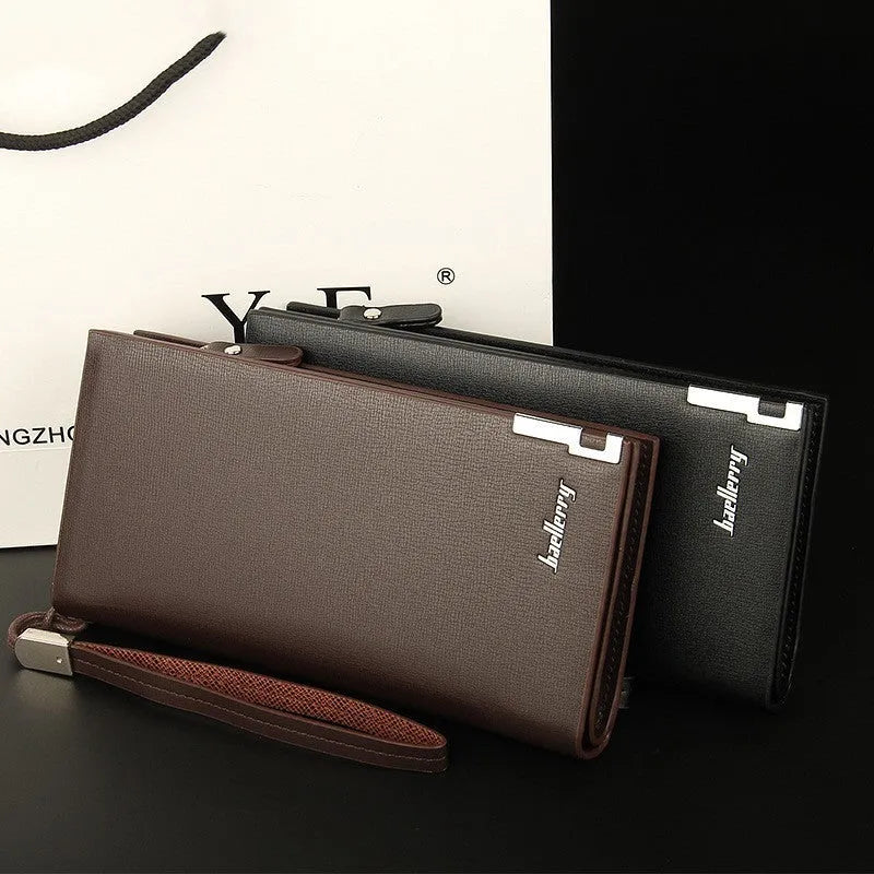 Men's black PU leather wallet with a long silver zipper closure shown open.