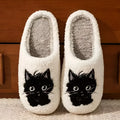 White cartoon Black Beard Cat couple slippers with plush fabric and a non-slip sole.