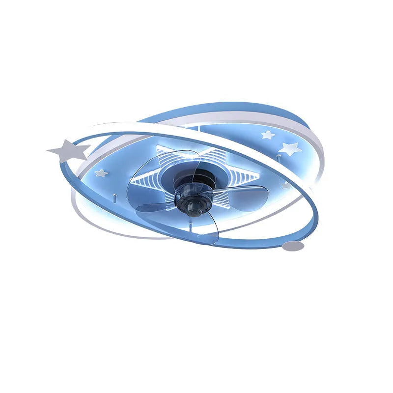 Modern blue iron chandelier with acrylic shade for a child's bedroom, showing remote control.