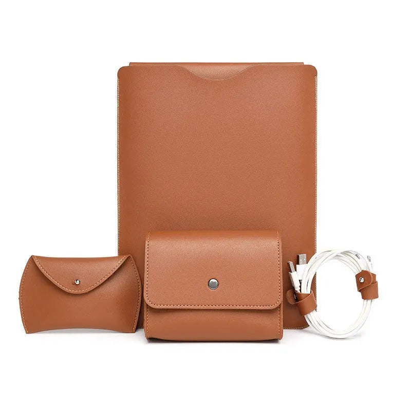 Set of four imitation leather protective covers for laptop edges in brown, gray, apricot, and light pink colours