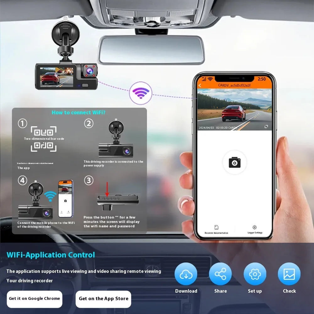 WiFi-connected car dash camera with 2.0-inch LCD screen showing front and rear recording capability
