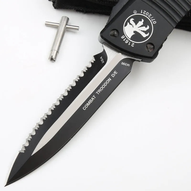 Outdoor camping tactical folding knife with D2 steel blade, black and white wire drawing finish, and aviation aluminium handle