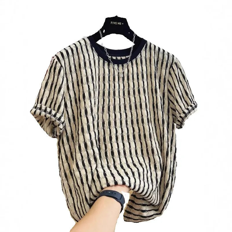 Men's black striped casual shirt with short sleeves and loose fit