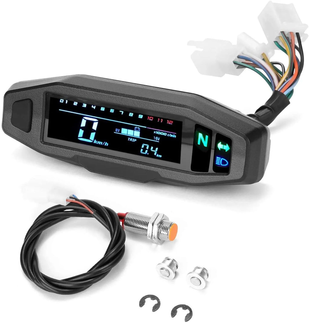 Black motorcycle mini speedometer with LCD screen showing oil gauge, speed, and rpm.