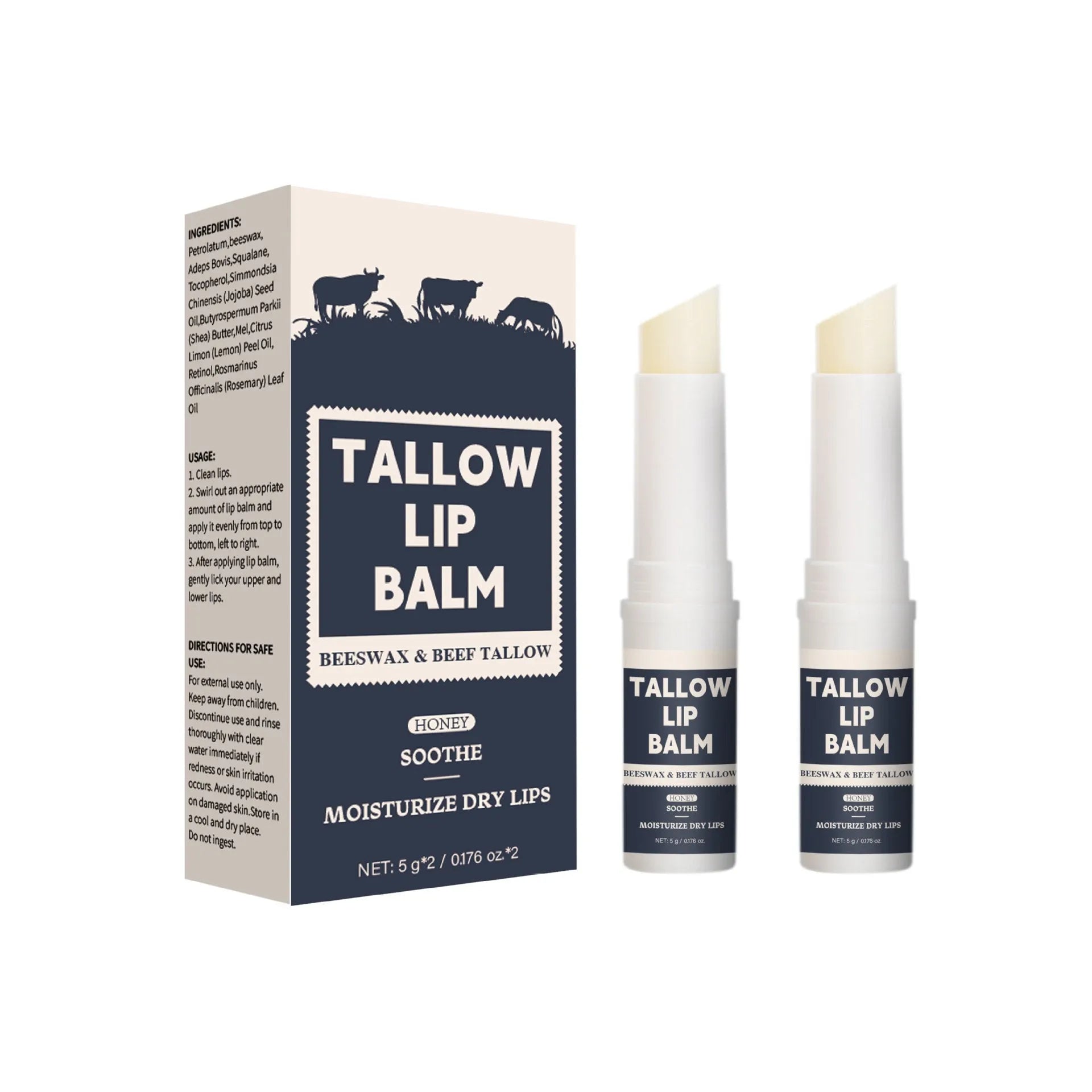 Two beef fat lip balm sticks in standard packaging for universal skin types