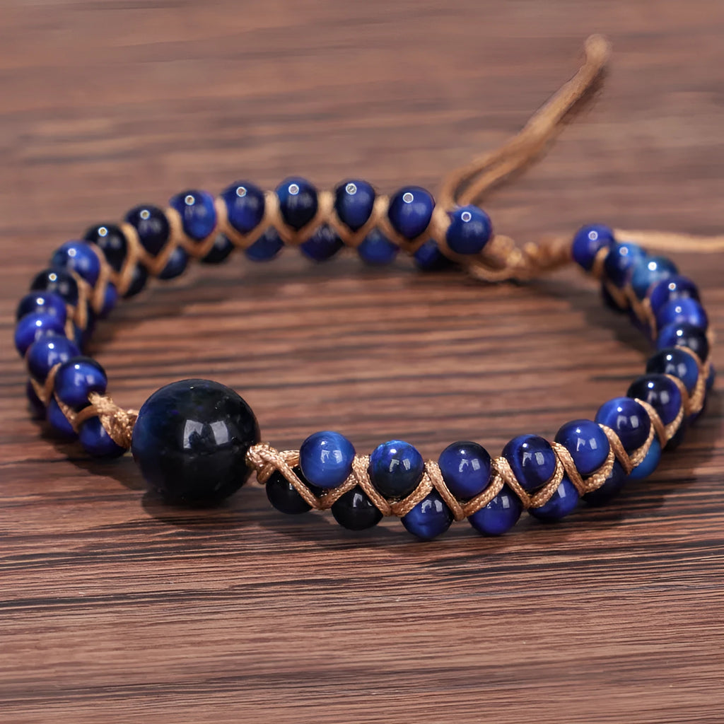Handmade woven pull bracelet with geometric tigereye beads in blue or amethyst colour