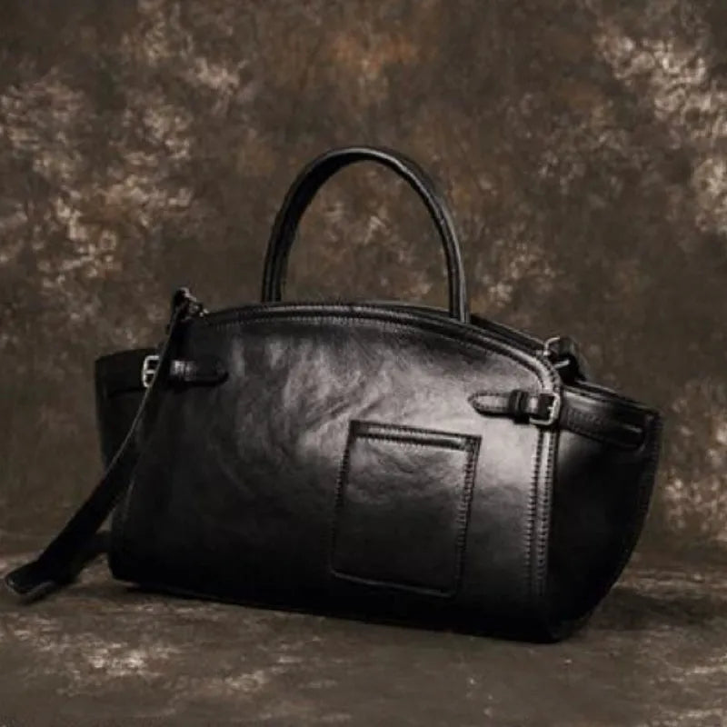 Genuine leather women's casual zip crossbody bag in brown with patchwork detail and multiple pockets