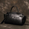Genuine leather women's casual zip crossbody bag in brown with patchwork detail and multiple pockets