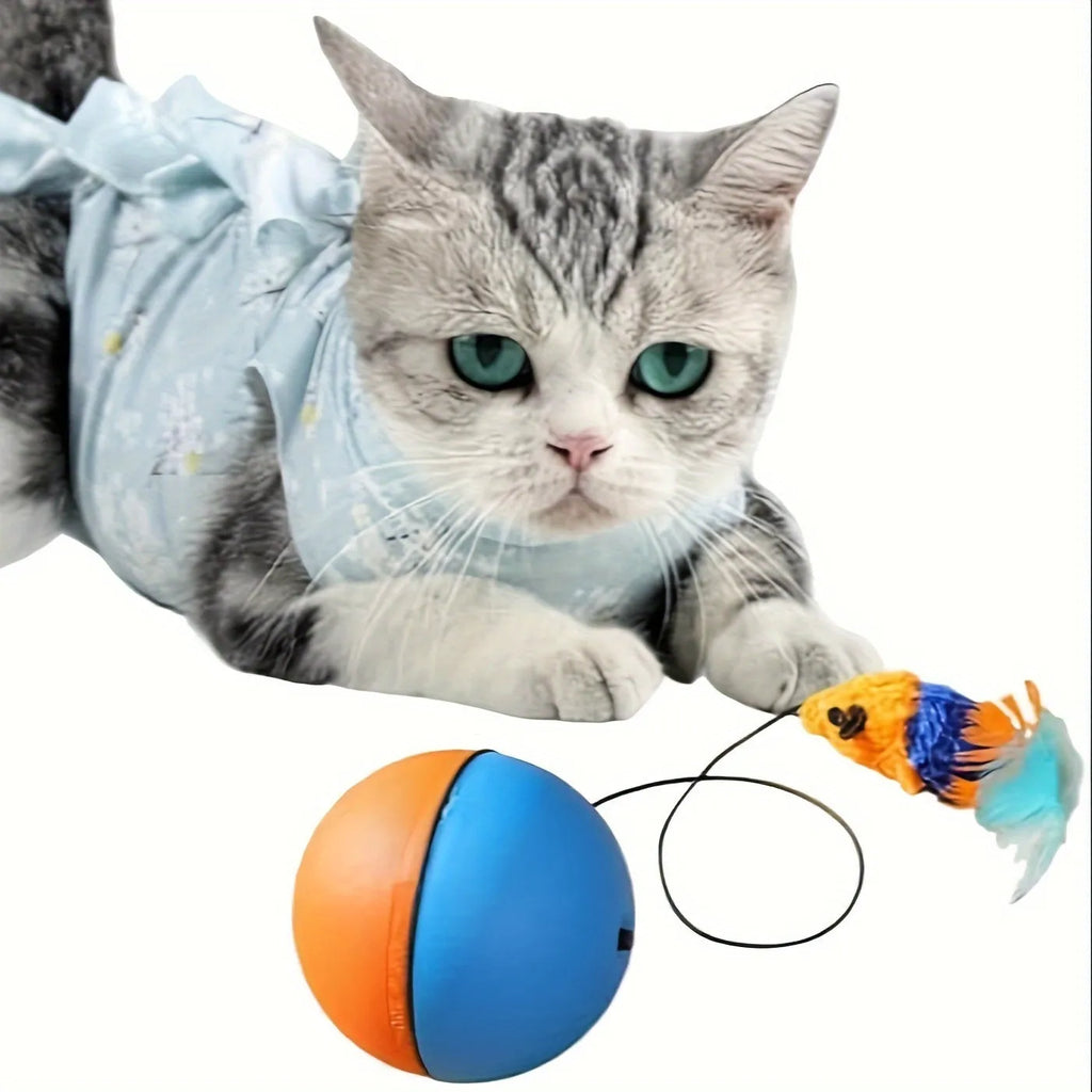 Blue and orange interactive cat toy ball with plush mouse attachment measuring 8.5*8.5*9 cm