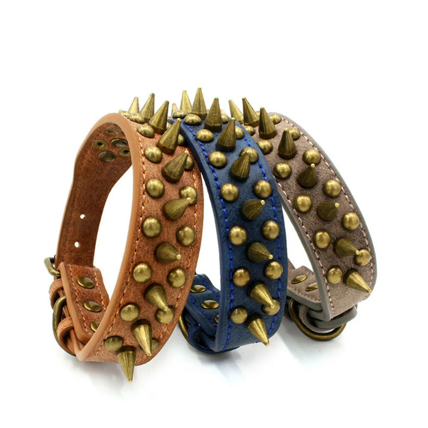 Retro studded spiked rivet PU faux leather dog collar in blue with metal D ring buckle on white background