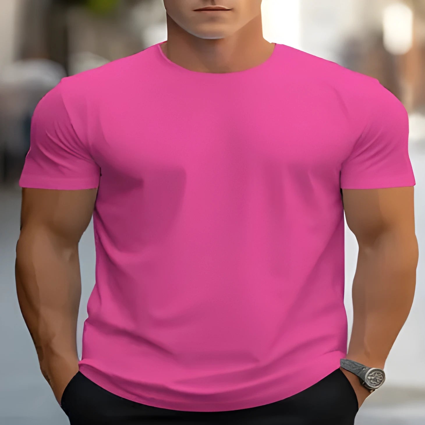 Men's loose fit round neck short sleeve printed t-shirt in bird eye cloth polyester fabric.