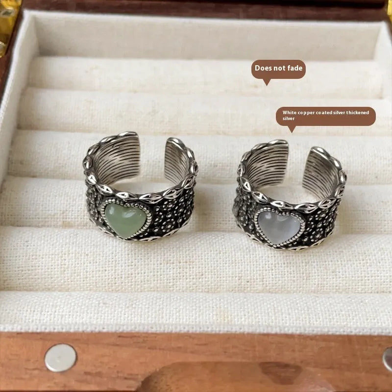 Retro wide-faced adjustable ring with heart shape and moon design in white copper plated silver