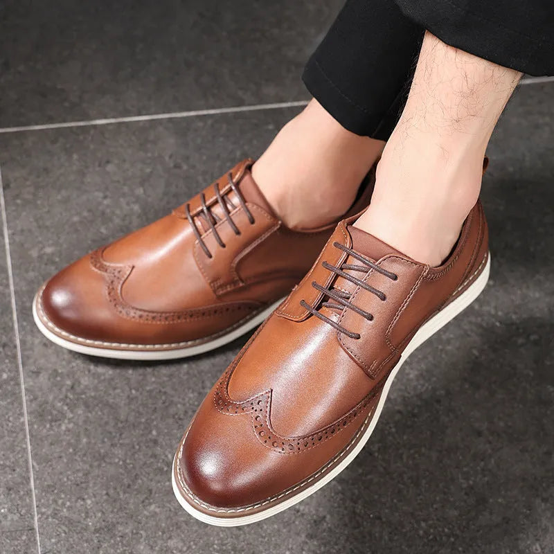 Men's black slip-on business casual shoes with round toe and PU leather upper
