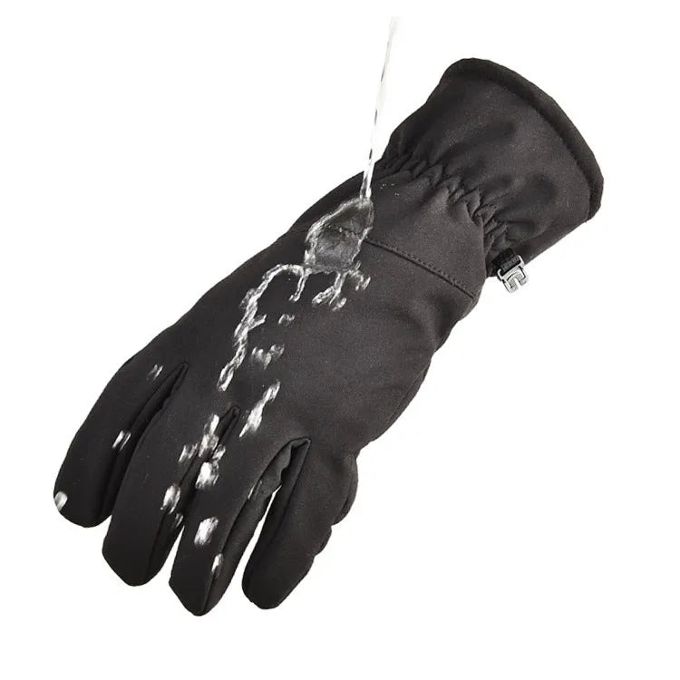 Tactical ski gloves with touchscreen fingertips in camouflage colour on a winter background