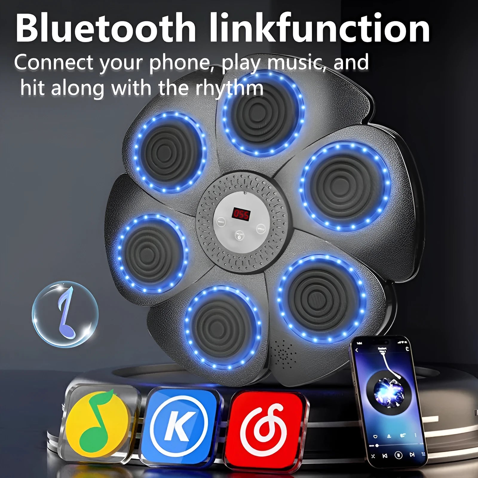 Black plastic boxing target with LED lights and Bluetooth connectivity for indoor training