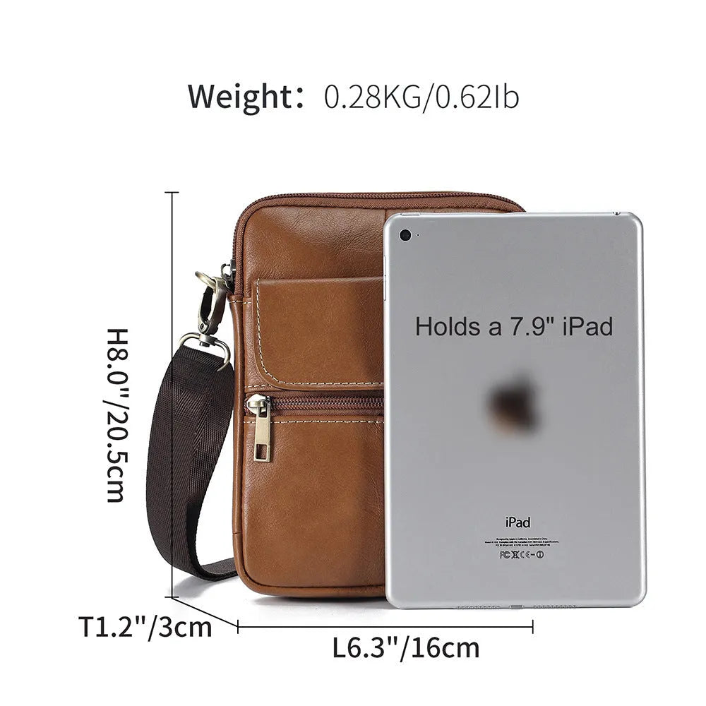 Men's brown genuine leather crossbody shoulder bag with sewing line detail.