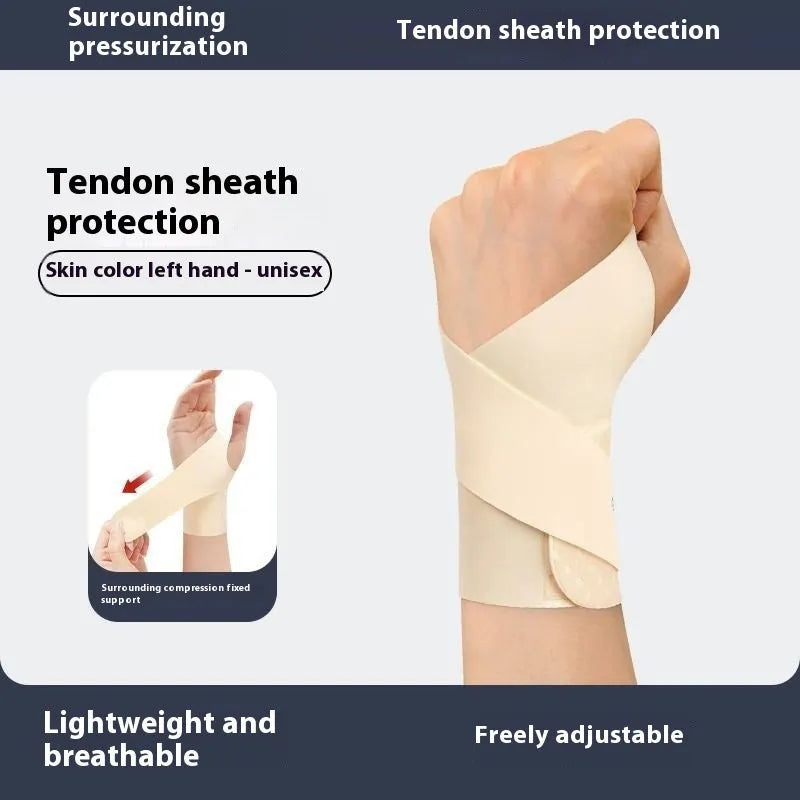Black adjustable athletic wristguard shown on a wrist, suitable for badminton, tennis, and volleyball.
