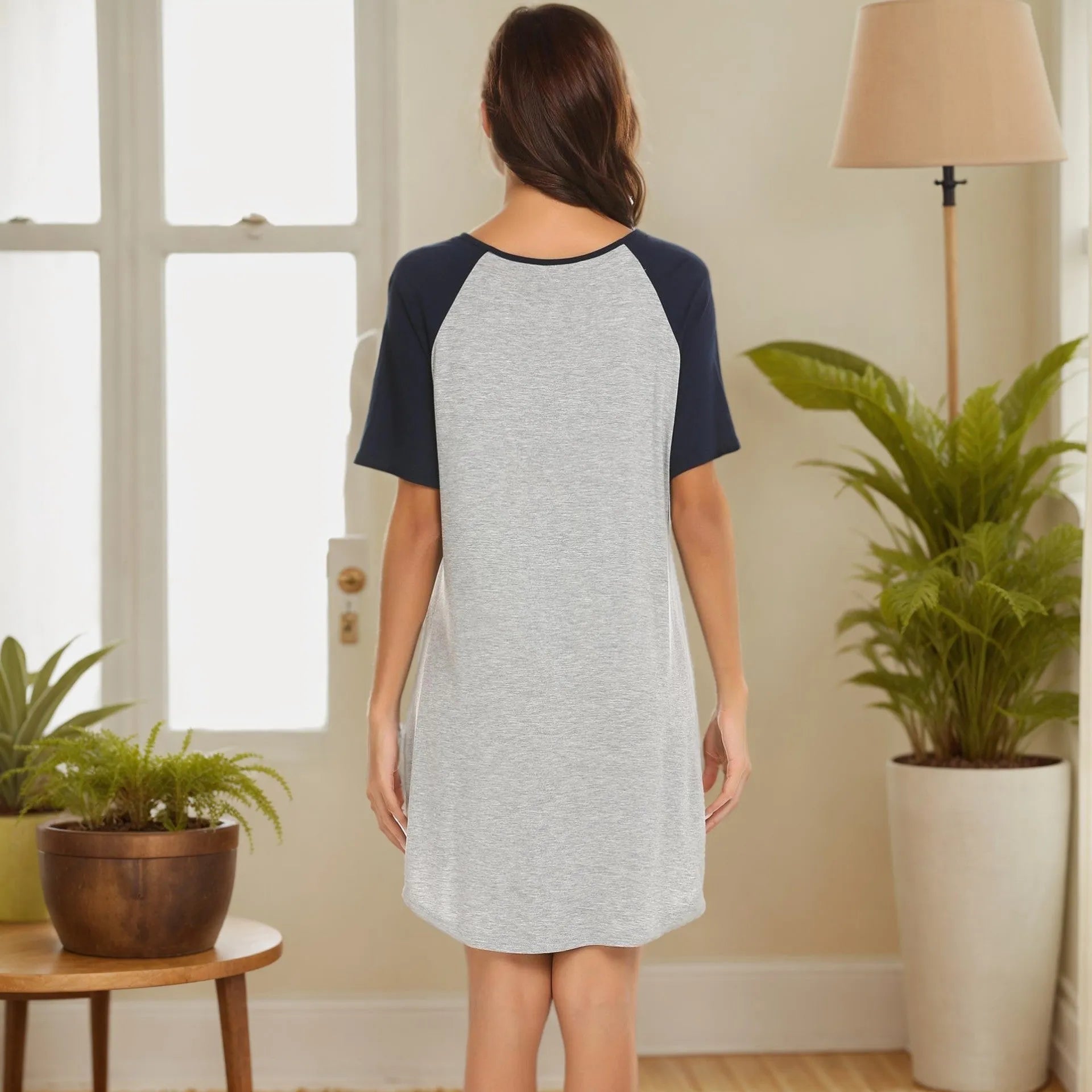 Women's colour contrast patchwork nightdress in double brushed milk silk fabric with elastic sleeves