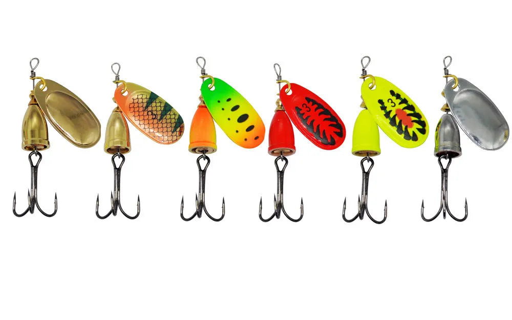 Metal fishing lure with rotating sequins and copper bell in multiple colour options including yellow green and gold mesh