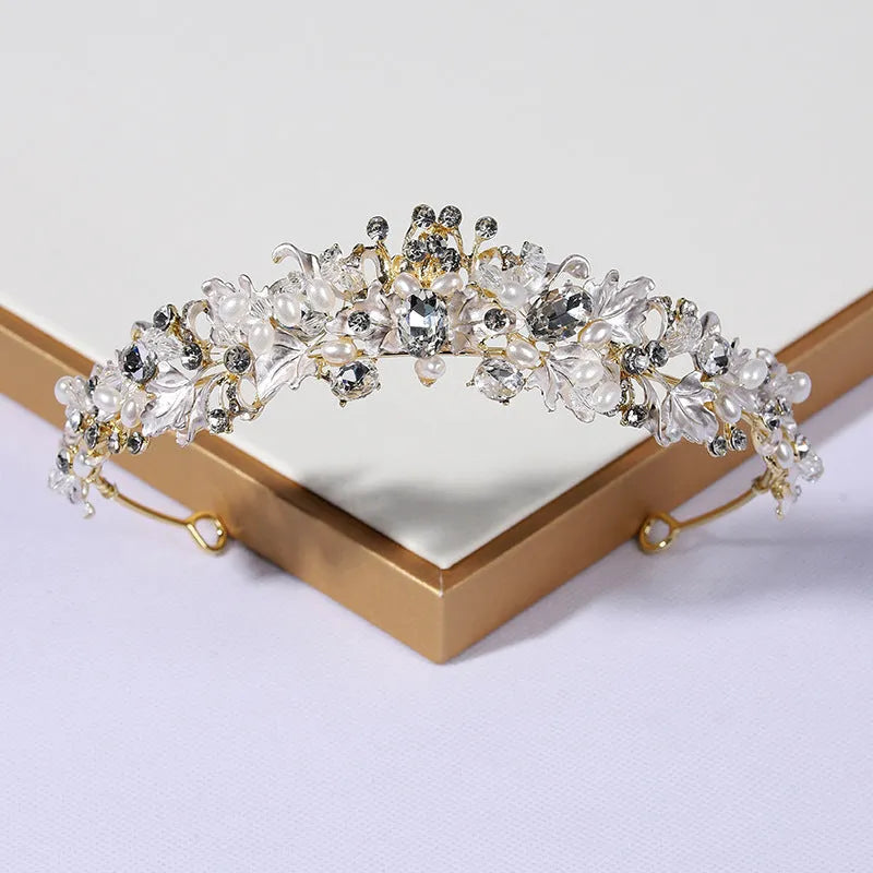 Gold and silver alloy pearl crown headdress with electroplated finish for women's wedding and birthday hair styling