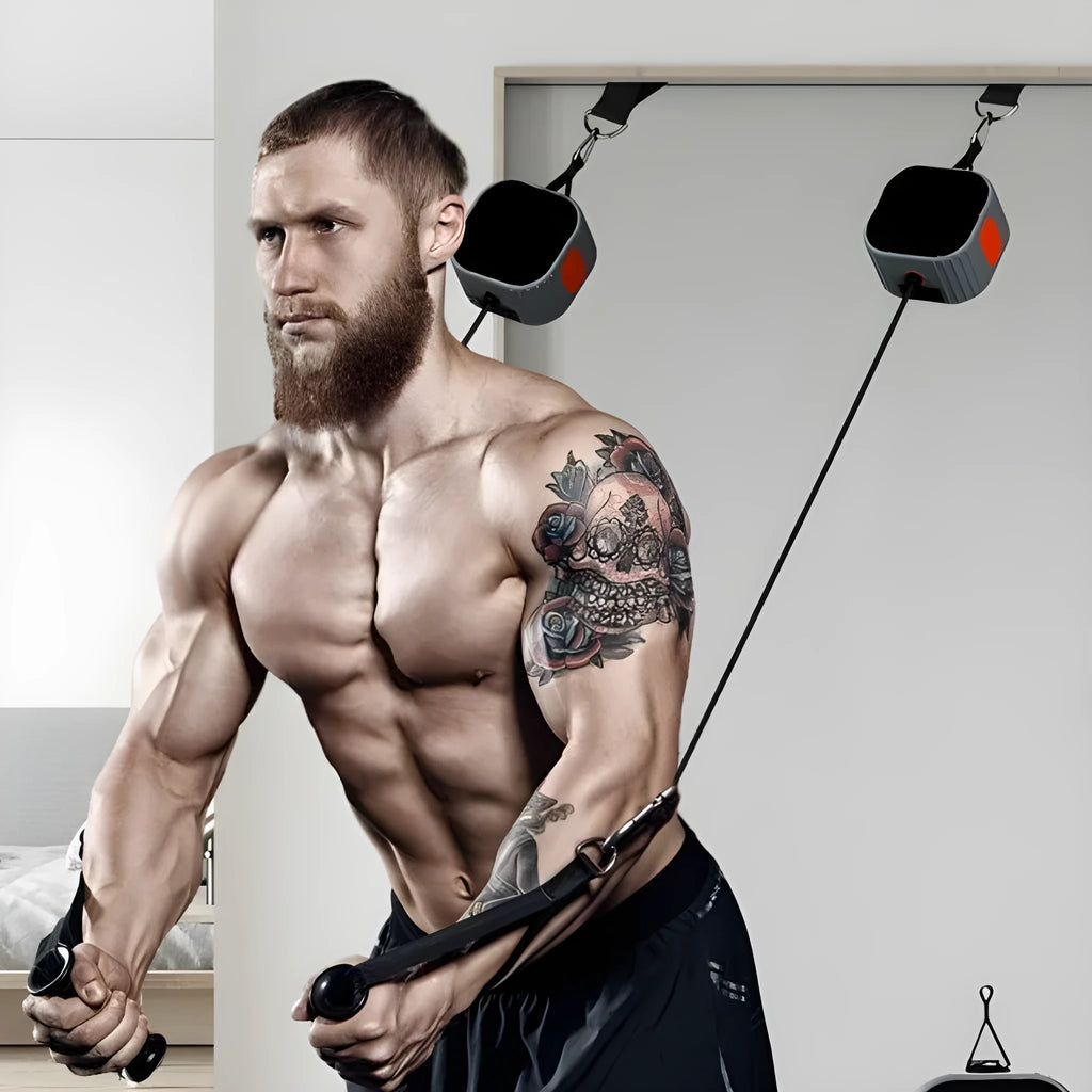 Multi-functional fitness strength resistance training tensioner with intelligent adjustment dial showing 2-20kg range