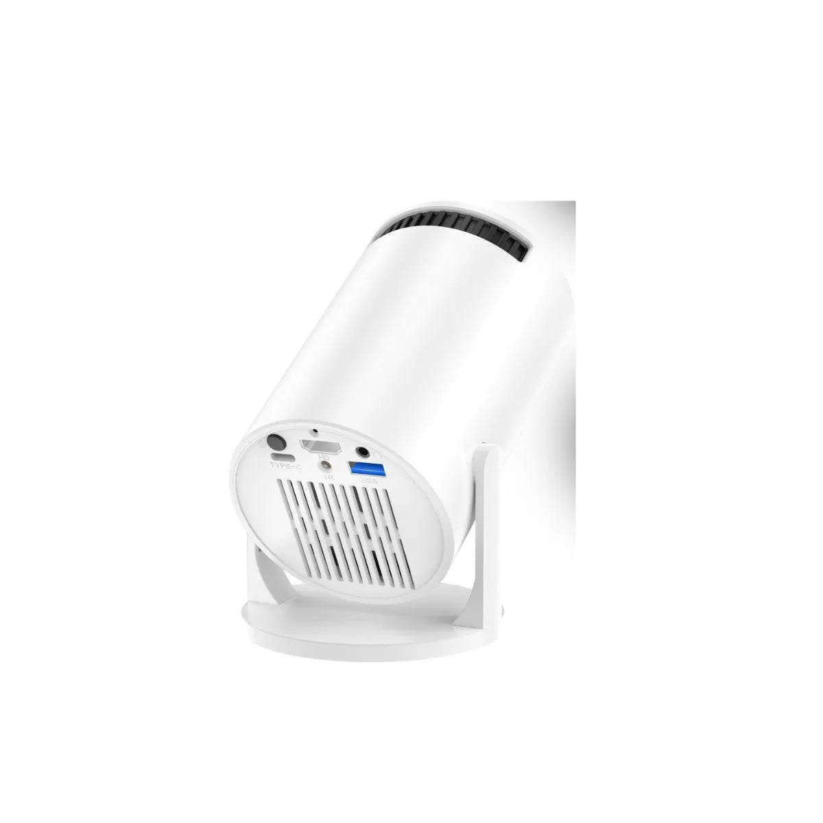White wireless portable projector showing 1080p HD resolution specification