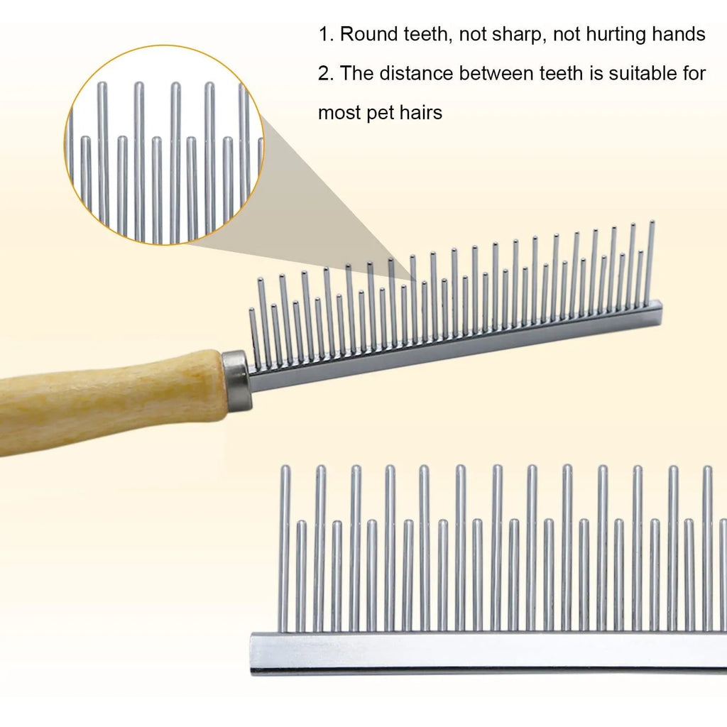 Wooden handle pet grooming comb for dogs and cats on a plain background