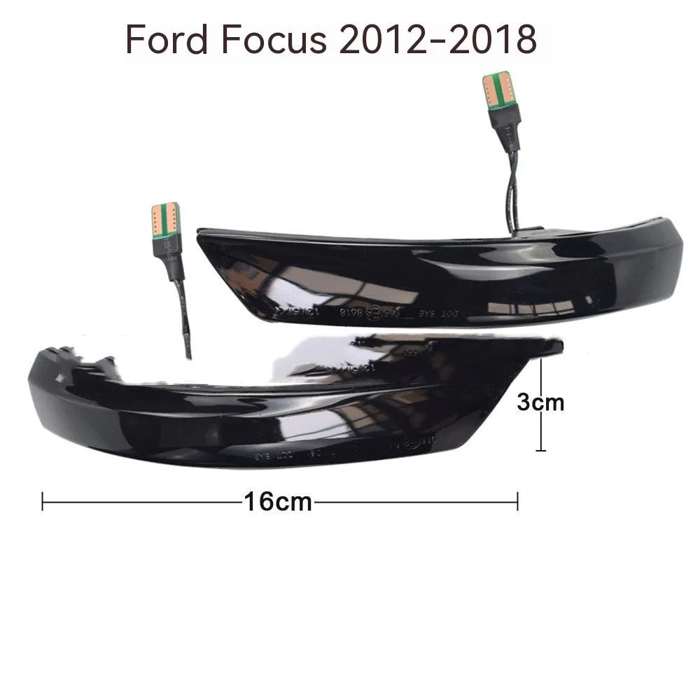 Pair of ABS plastic rearview mirror waterfall lights for Ford Focus and Mondeo, showing yellow and blue/yellow LED options.