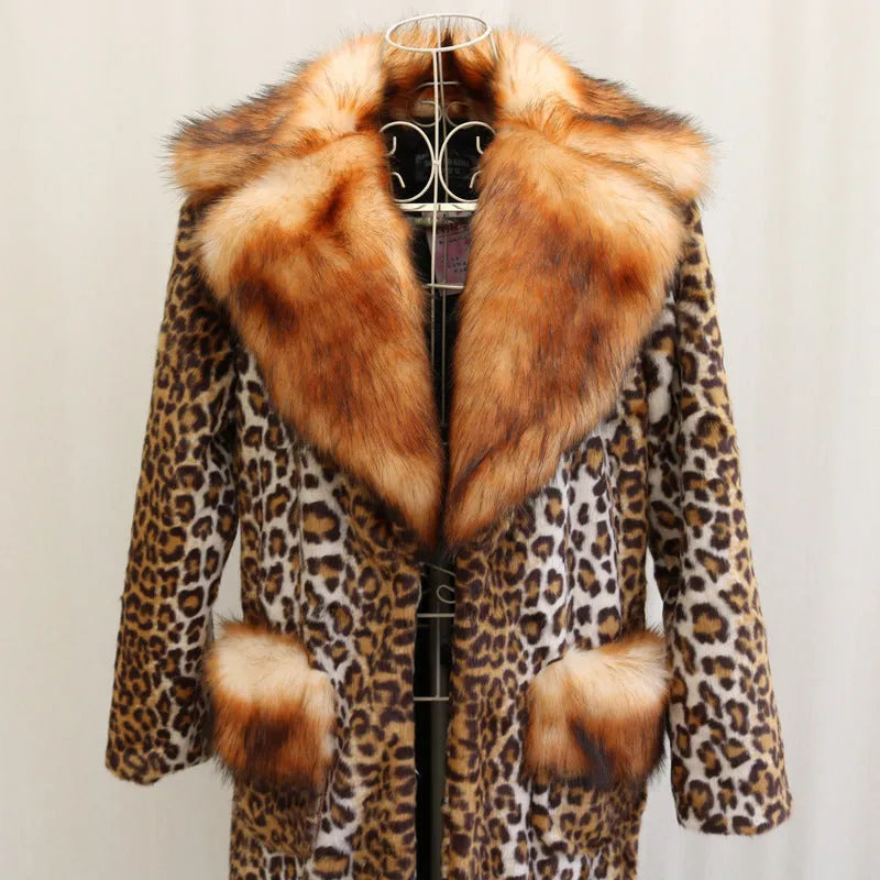 Women's long length leopard print artificial fur jacket on a hanger.
