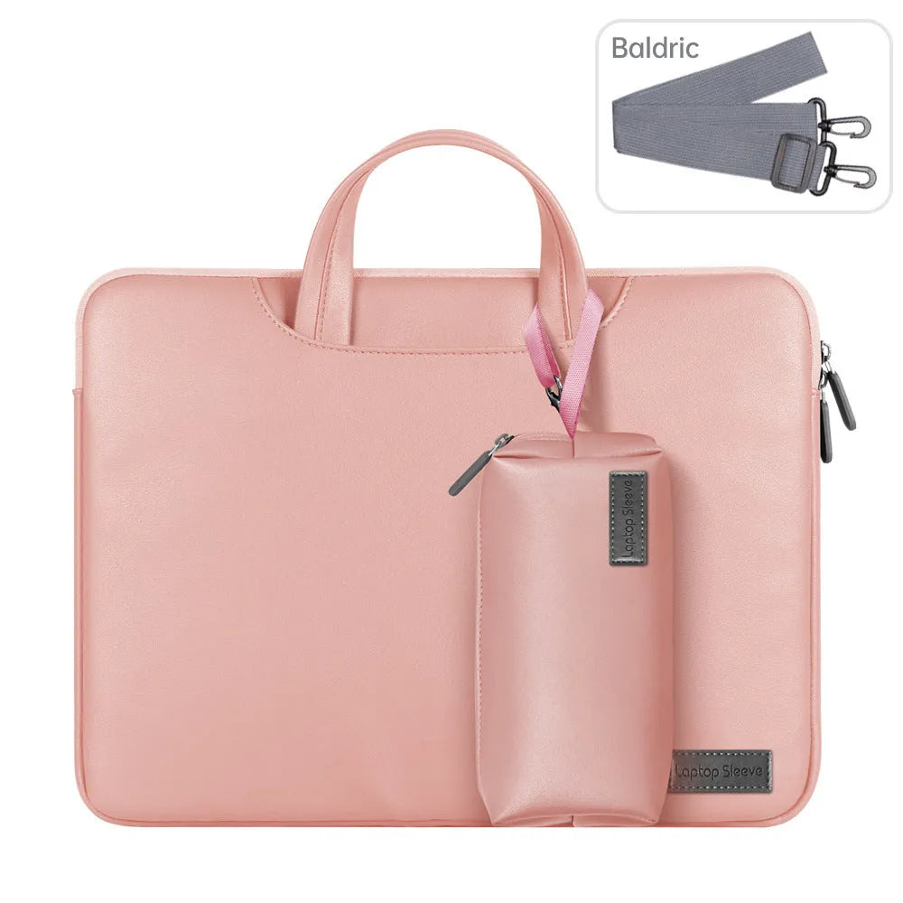 Shockproof waterproof PU laptop bag in black with shoulder strap and accessory bag for 15.6 inch laptop