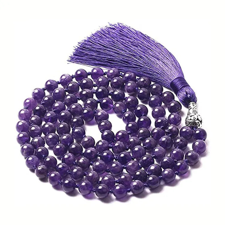 Long unisex agate and amethyst tassel necklace with blue stone pattern, measuring 95-100cm.