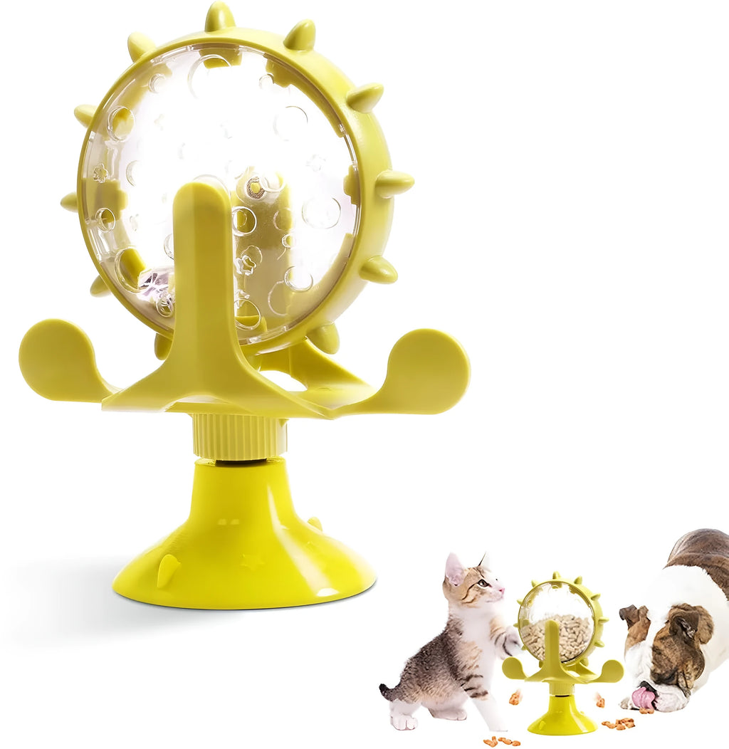 Interactive pet spinner toy with strong sucker base in blue, green, red, or yellow colours for cats and small dogs