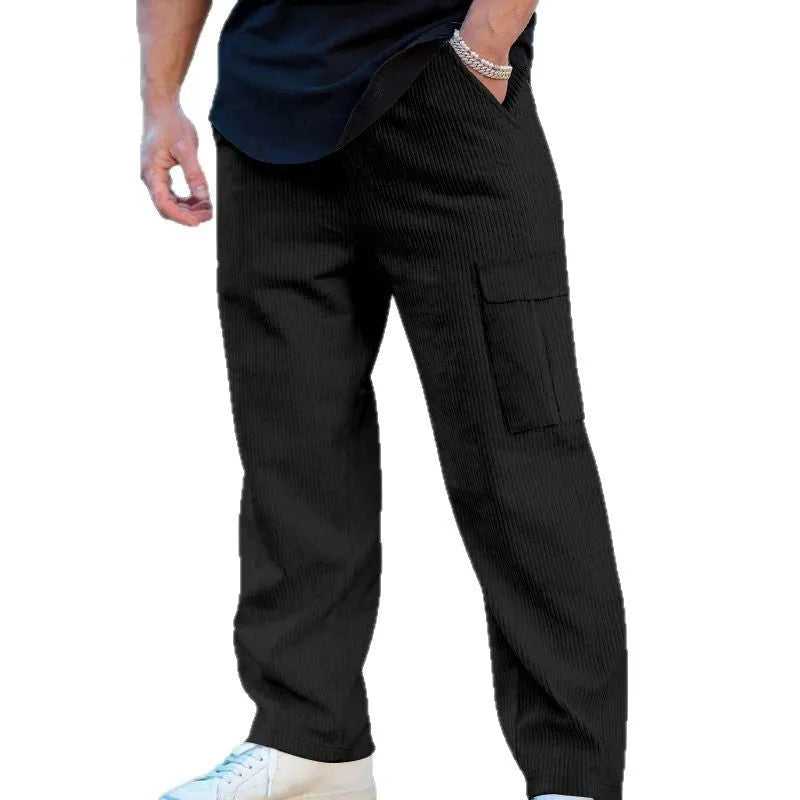 Men's corduroy cargo trousers with wide-leg cut and drawstring waist in navy blue colour