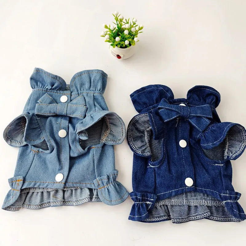 Blue denim dog dress with ruffles and built-in chest and back leash hooks on a small dog.