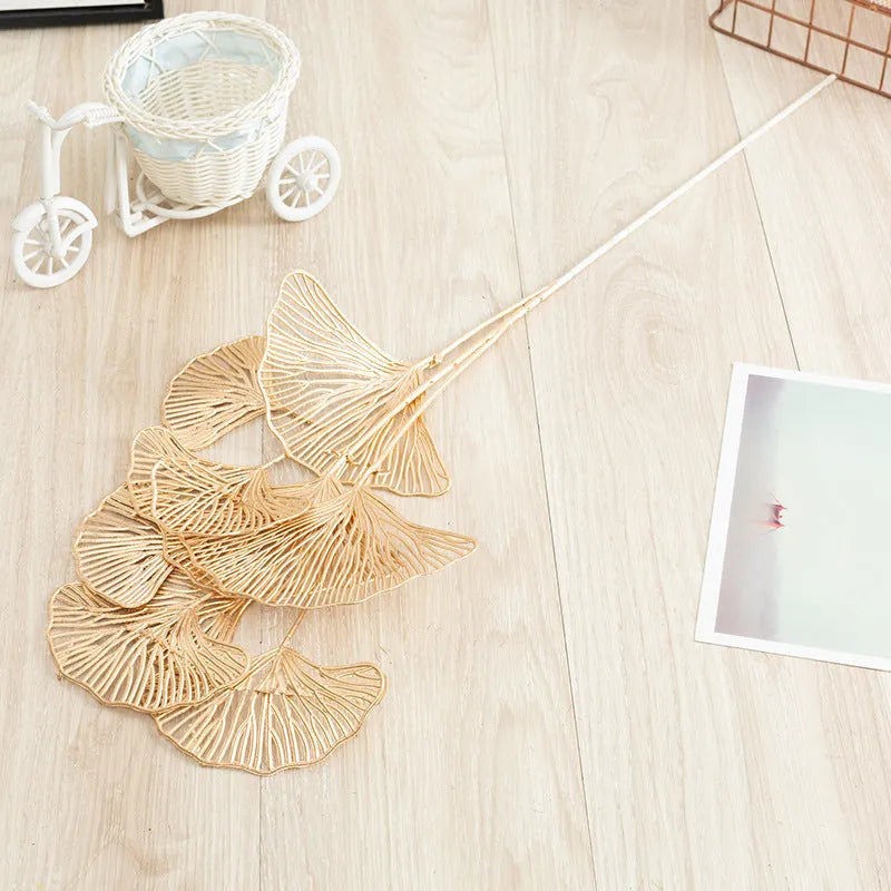 Artificial Persian eucalyptus ginkgo leaf flower arrangement in gold plastic for wedding home decor