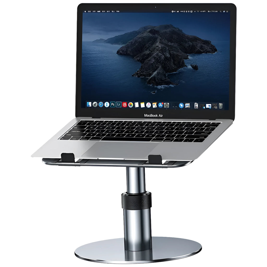 Silver aluminium adjustable laptop stand with rotating base and non-slip pads on a desk.