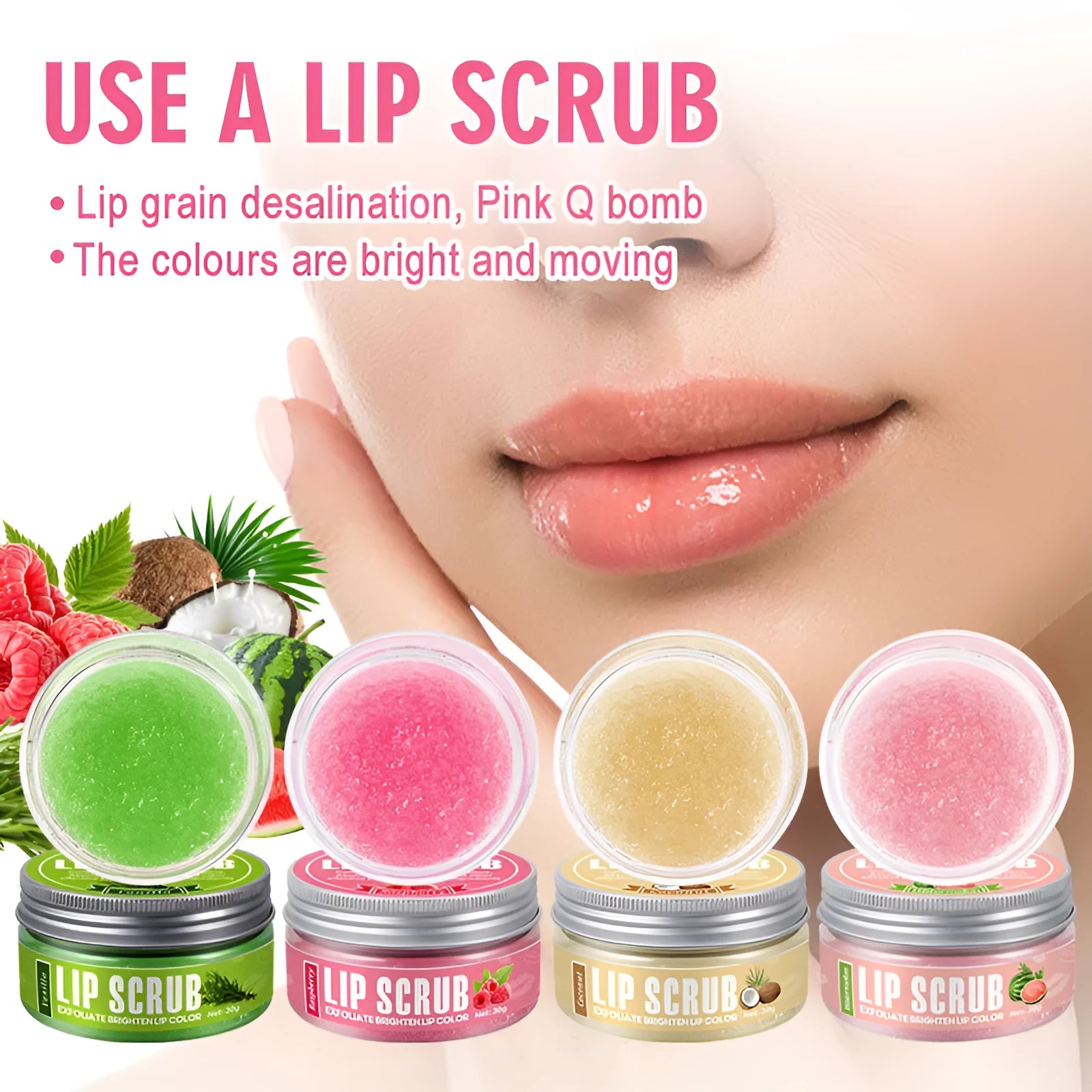 Lip scrub cream jar in fruit flavours: coconut, raspberry, vanilla, watermelon, 30g