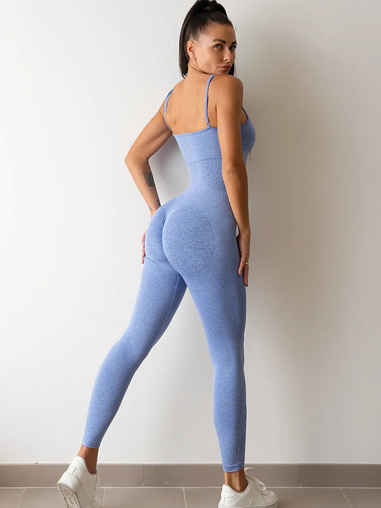 Women's black unitard jumpsuit with spaghetti straps and a backless design for tummy control.