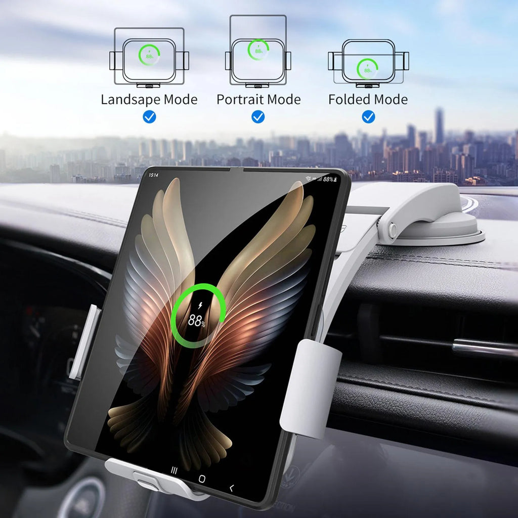 Grey car phone holder with folding screen showing wireless charging area and included mounting accessories