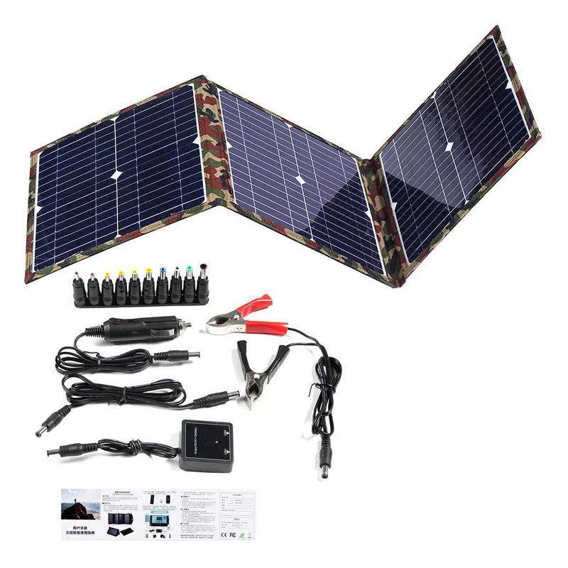 Black foldable 36W solar panel with car charger and cables for portable outdoor power
