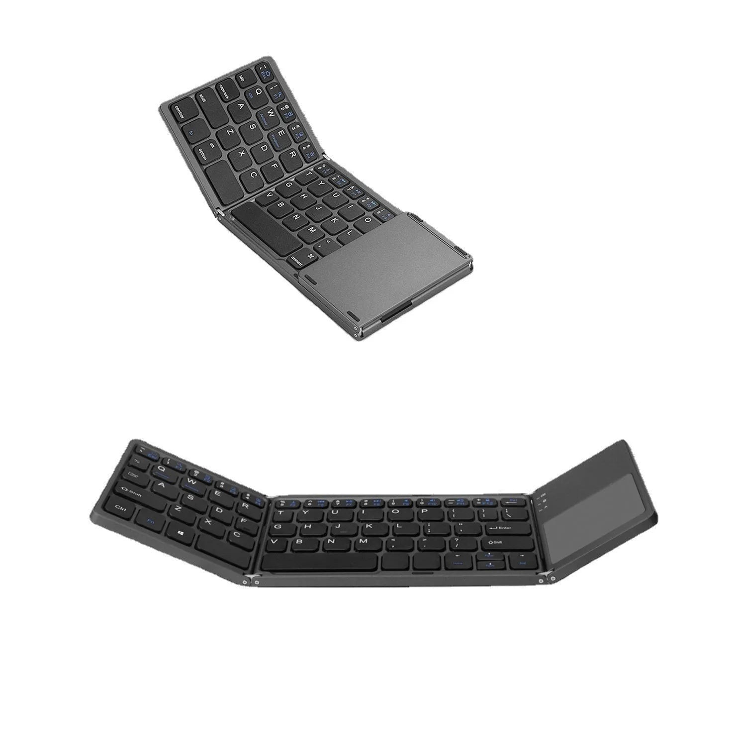 Black tri-fold Bluetooth keyboard shown open next to folded size comparison