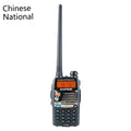 Baofeng UV-5RA handheld dual band two-way radio on a grey background.