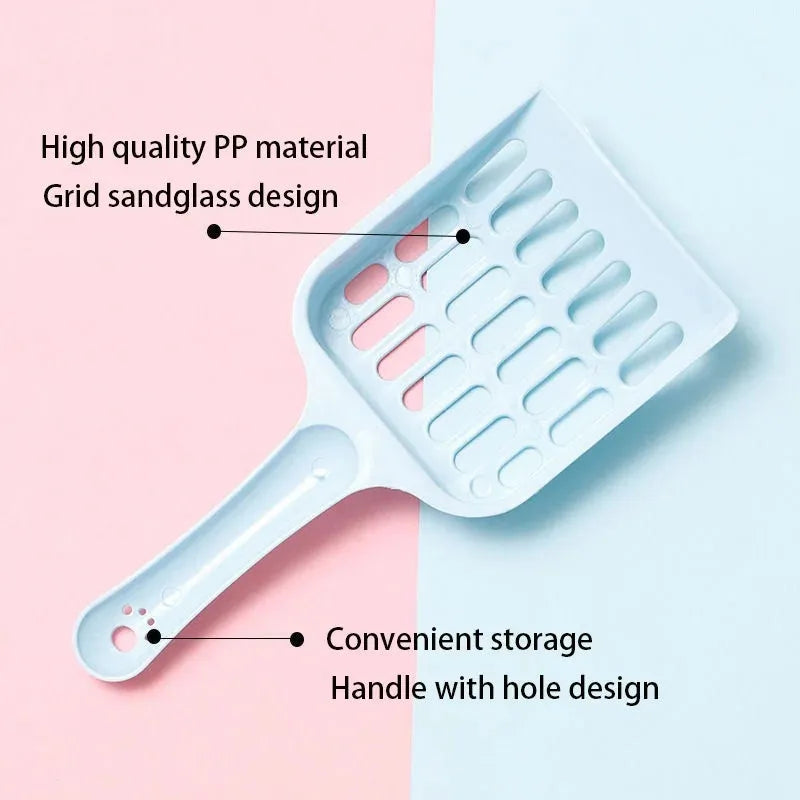 Blue plastic cat litter scoop with stainless steel mesh filter for cleaning litter boxes