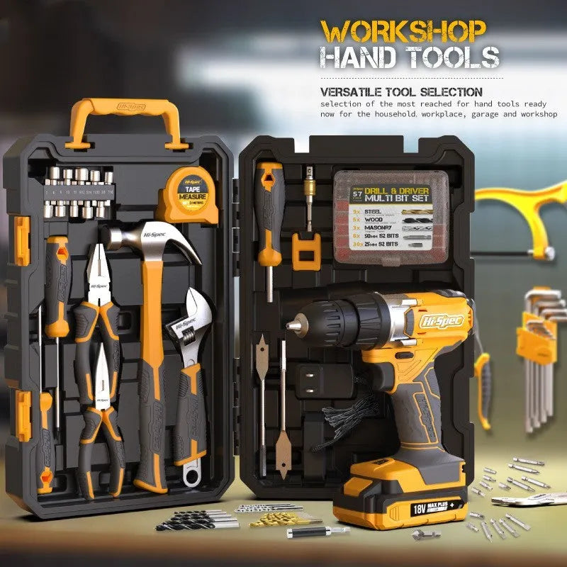 Grey yellow 82-piece home repair tool set in toolbox for furniture installation