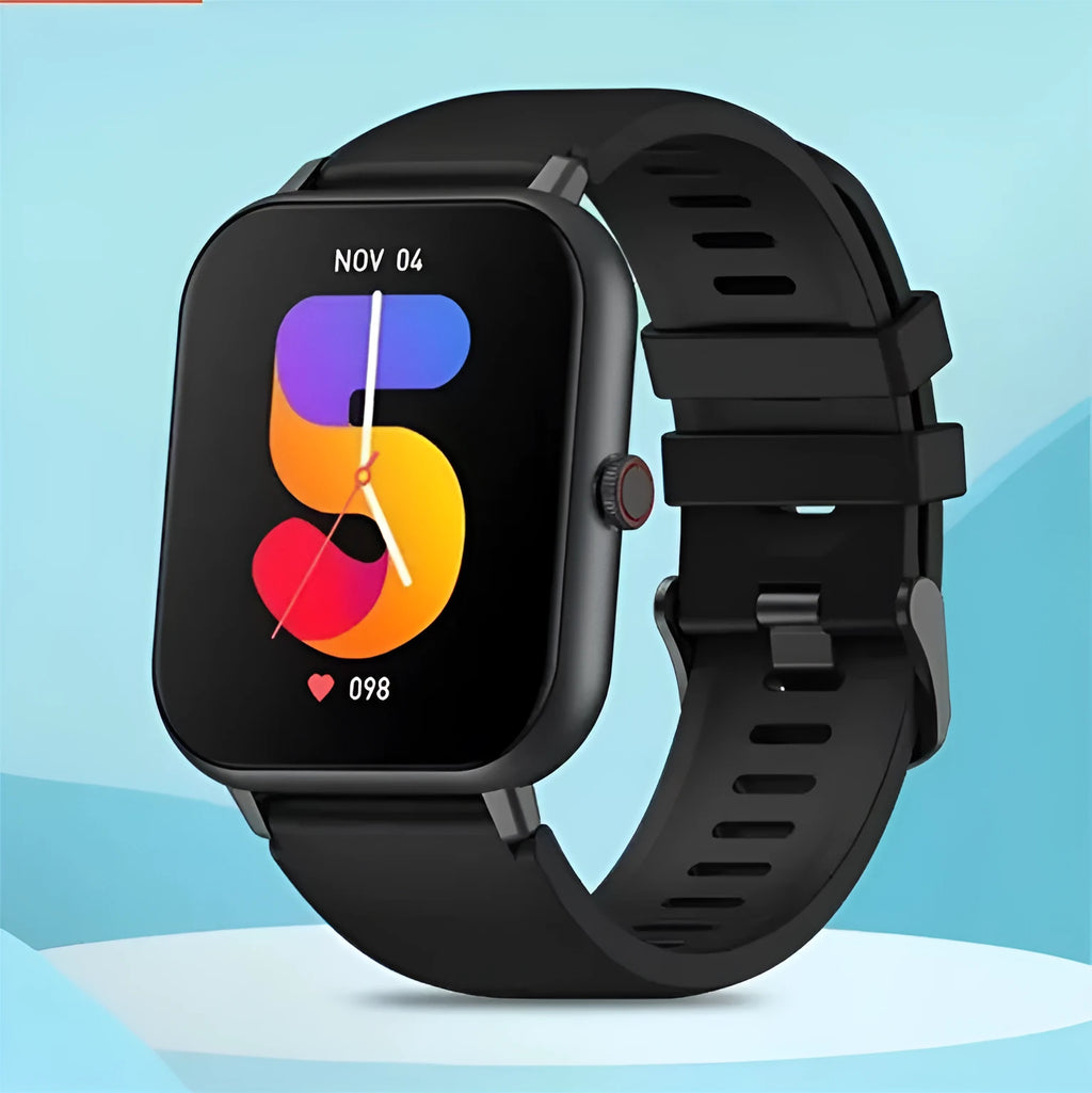 Bluetooth smart watch with heart rate monitor on wrist, showing black, silver grey, pink, and khaki colour options.