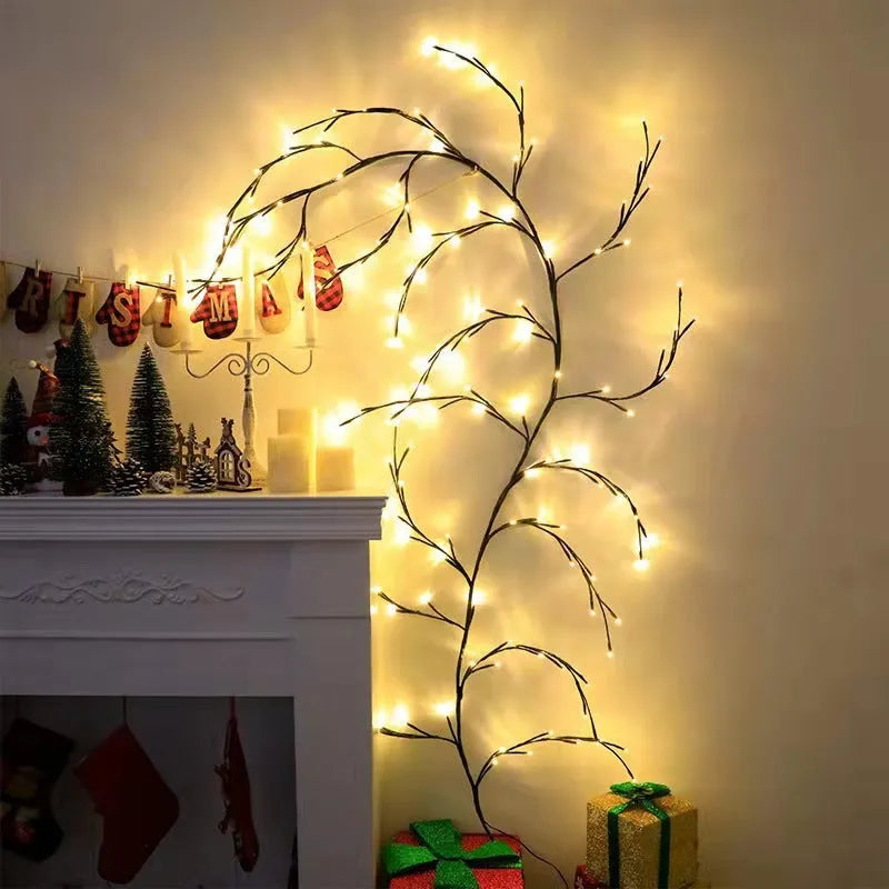 Flexible LED willow vine garland with 144 warm white lights and birch bark texture for wall decoration