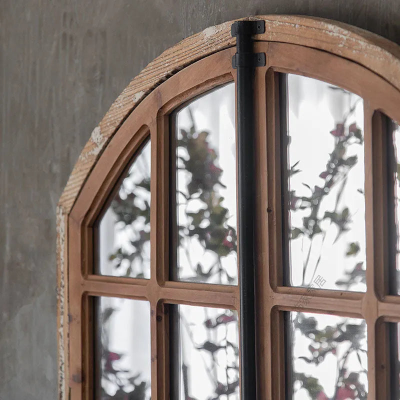 Terrace distressed wooden fake window wall mirror with log-coloured frame