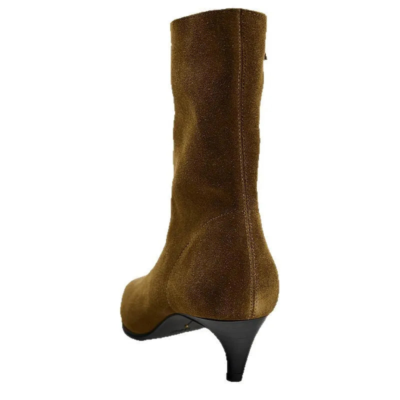 Brown women's square toe ankle boots with a side zip and a stiletto kitten heel on a waterproof platform sole.